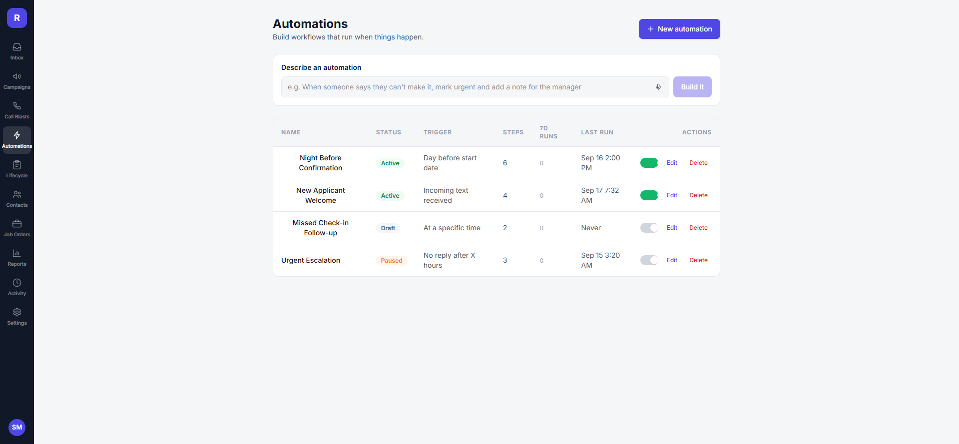 Relay automations panel — describe an automation in plain English and Relay builds it